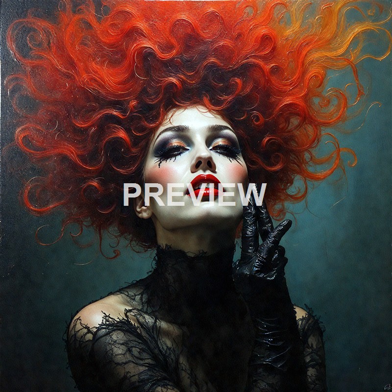 A woman with striking makeup and bright red lipstick, wearing black gloves and lace clothing, poses with her head tilted slightly upward and her hair spread out in voluminous, curly red locks against a dark background.